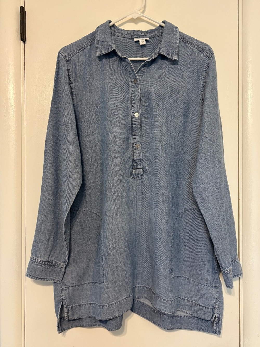 J. Jill Women's Blue Chambray Linen-Blend Popover Tunic Shirt Top M Pockets